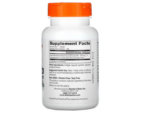 Doctor's Best Best Saw Palmetto Со пальметто Стандартизированный экстракт 320 мг 180 гелевых капсул Doctor's Best Best Saw Palmetto Со пальметто Стандартизированный экстракт 320 мг 180 гелевых капсул