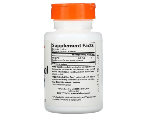 Doctor's Best, Кофермент Q восстановленный (убихинол) с добавлением Kaneka QH (Best Ubiquinol), 200 мг, 30 мягких таблеток Doctor's Best, Кофермент Q восстановленный (убихинол) с добавлением Kaneka QH (Best Ubiquinol), 200 мг, 30 мягких таблеток