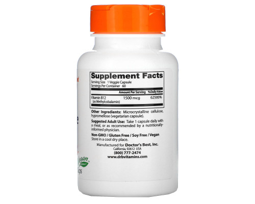 Doctor's Best, Best, Активный витамин B12, 1500 мкг, 60 растительных капсул Doctor's Best, Best, Активный витамин B12, 1500 мкг, 60 растительных капсул