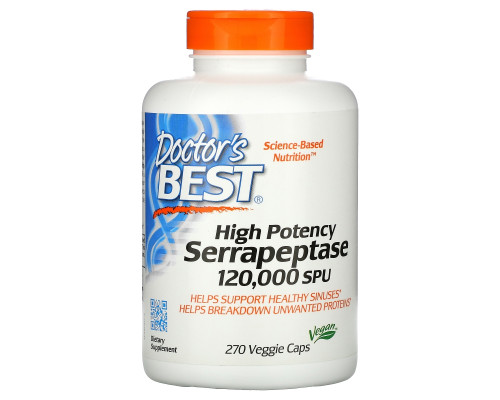Doctor's Best Лучшая высокоэффективная серрапептаза 120000 SPUs 270 растительных капсул Doctor's Best Лучшая высокоэффективная серрапептаза 120000 SPUs 270 растительных капсул
