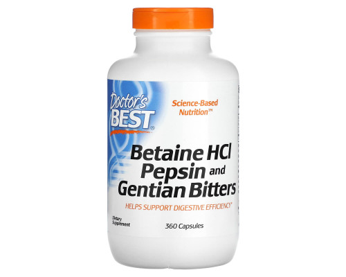 Doctor's Best, Горькая настойка из бетаина гидрохлорида, пепсина и генцианы (Betaine HCl, Pepsin & Gentian Bitters), 360 капсул Doctor's Best, Горькая настойка из бетаина гидрохлорида, пепсина и генцианы (Betaine HCl, Pepsin & Gentian Bitters), 360 капсул