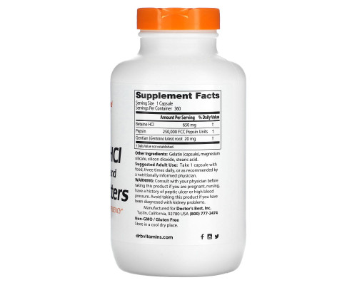 Doctor's Best, Горькая настойка из бетаина гидрохлорида, пепсина и генцианы (Betaine HCl, Pepsin & Gentian Bitters), 360 капсул Doctor's Best, Горькая настойка из бетаина гидрохлорида, пепсина и генцианы (Betaine HCl, Pepsin & Gentian Bitters), 360 капсул
