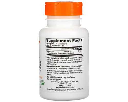 Doctor's Best MK-7 Featuring MenaQ7 Natural Vitamin K2 100 mcg 60 Veggie Caps Doctor's Best MK-7 Featuring MenaQ7 Natural Vitamin K2 100 mcg 60 Veggie Caps