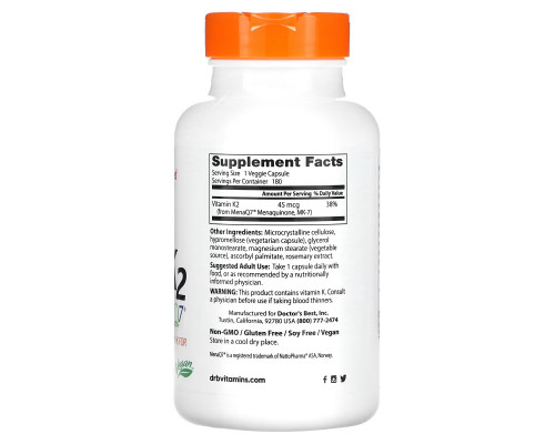 Doctor's Best Натуральный витамин K2 Mena Q7 45 мкг 180 капсул на растительной основе Doctor's Best Натуральный витамин K2 Mena Q7 45 мкг 180 капсул на растительной основе