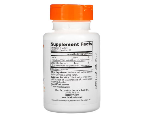 Doctor's Best Best Lutein Featuring Lutemax 20 mg 60 Softgels Doctor's Best Best Lutein Featuring Lutemax 20 mg 60 Softgels