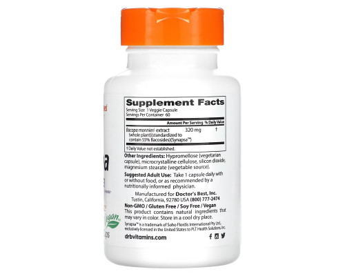 Doctor's Best, Бакопа с Синапсой, 320 мг, 60 Растительных Капсул Doctor's Best, Бакопа с Синапсой, 320 мг, 60 Растительных Капсул