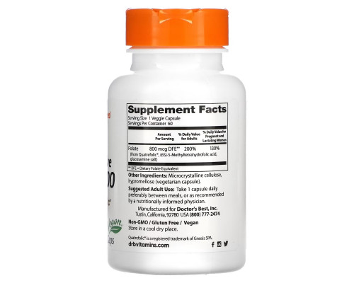 Doctor's Best, Активный фолат 800, 800 мкг, 60 капсул в растительной оболочке Doctor's Best, Активный фолат 800, 800 мкг, 60 капсул в растительной оболочке