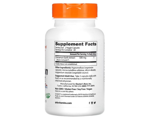 Doctor's Best, Экстракт корицы и CinSulin, 250 мг, 120 растительных капсул Doctor's Best, Экстракт корицы и CinSulin, 250 мг, 120 растительных капсул