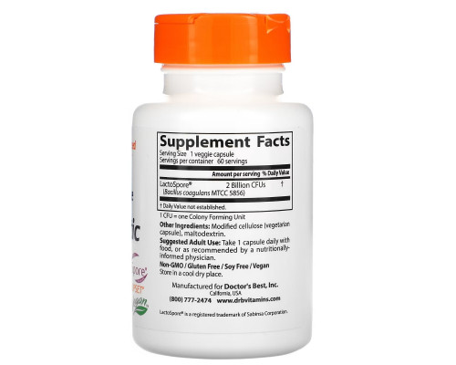 Doctor's Best, Digestive Health, Probiotic with LactoSpore, 2 Billion, 60 Veggie Caps Doctor's Best, Digestive Health, Probiotic with LactoSpore, 2 Billion, 60 Veggie Caps