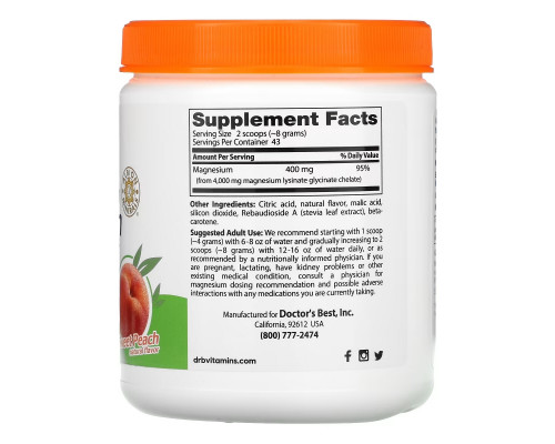 Doctor's Best, High Absorption Magnesium Powder, Sweet Peach, 12.3 oz (347 g) Doctor's Best, High Absorption Magnesium Powder, Sweet Peach, 12.3 oz (347 g)