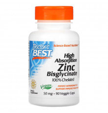 Doctor's Best, High Absorption Zinc Bisglycinate, 100% Chelated, 50 mg , 90 Veggie Caps