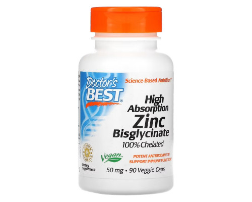 Doctor's Best, High Absorption Zinc Bisglycinate, 100% Chelated, 50 mg , 90 Veggie Caps Doctor's Best, High Absorption Zinc Bisglycinate, 100% Chelated, 50 mg , 90 Veggie Caps