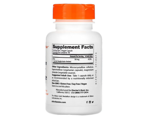 Doctor's Best, High Absorption Zinc Bisglycinate, 100% Chelated, 50 mg , 90 Veggie Caps Doctor's Best, High Absorption Zinc Bisglycinate, 100% Chelated, 50 mg , 90 Veggie Caps