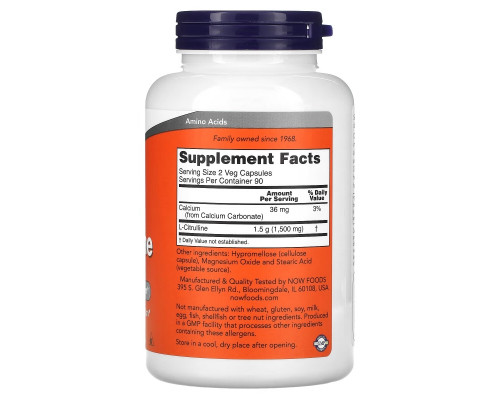 Now Foods, L-цитрулин, 750 мг, 180 капсул в растительной оболочке