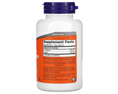 Now Foods, L-теанин, двойная сила, 200 мг, 120 растительных капсул Now Foods, L-теанин, двойная сила, 200 мг, 120 растительных капсул