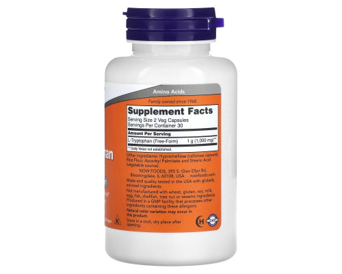 NOW Foods, L-Tryptophan, 500 mg, 60 Veg Capsules NOW Foods, L-Tryptophan, 500 mg, 60 Veg Capsules