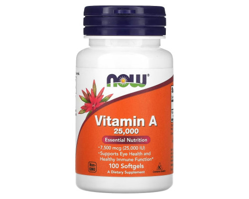 NOW Foods, Vitamin A, 7,500 mcg (25,000 IU), 100 Softgels NOW Foods, Vitamin A, 7,500 mcg (25,000 IU), 100 Softgels