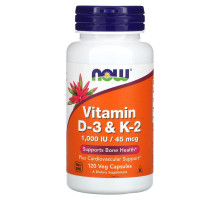 Now Foods, Витамины D-3 и K-2, 1000 МЕ/45 мкг, 120 вегетарианских капсул