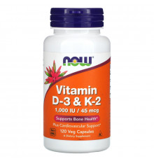 Now Foods, Витамины D-3 и K-2, 1000 МЕ/45 мкг, 120 вегетарианских капсул