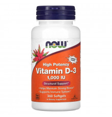 Now Foods, Витамин D-3, высокая эффективность, 1000 МЕ, 360 желатиновых капсул