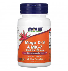 Now Foods, Mega D-3 и MK-7, 5000 МЕ / 180 мкг, 60 вегетарианских капсул