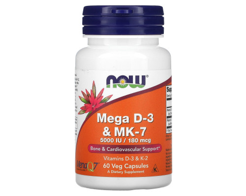 Now Foods, Mega D-3 и MK-7, 5000 МЕ / 180 мкг, 60 вегетарианских капсул Now Foods, Mega D-3 и MK-7, 5000 МЕ / 180 мкг, 60 вегетарианских капсул