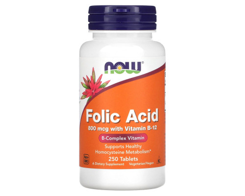 Now Foods, Фолиевая кислота с витамином B12, 800 мкг, 250 таблеток Now Foods, Фолиевая кислота с витамином B12, 800 мкг, 250 таблеток