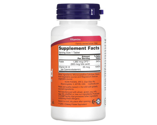 Now Foods, Фолиевая кислота с витамином B12, 800 мкг, 250 таблеток Now Foods, Фолиевая кислота с витамином B12, 800 мкг, 250 таблеток