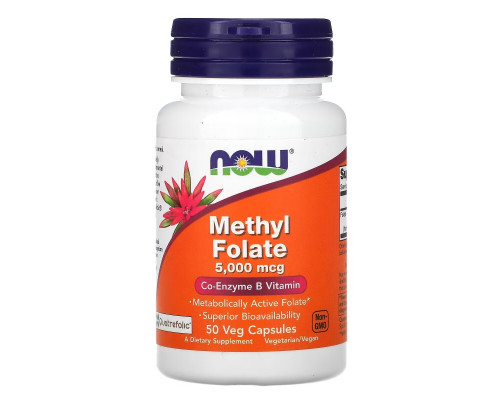 Now Foods, Метилфолат, 5000 мкг, 50 вегетарианских капсул Now Foods, Метилфолат, 5000 мкг, 50 вегетарианских капсул