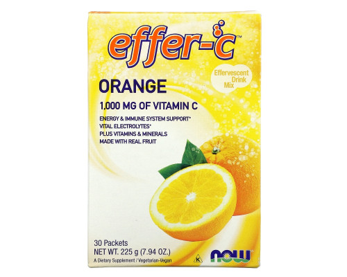 Now Foods Effer-C электролиты смесь для шипучего напитка апельсиновая 30 пакетиков по 7.5 г