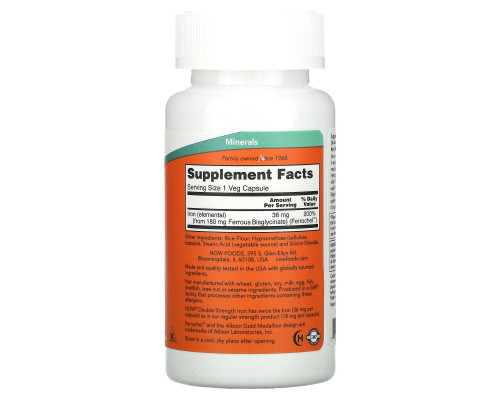 Now Foods Железо Double Strength 36 мг 90 вегетарианских капсул