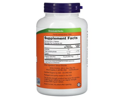 NOW Foods, Certified Organic Spirulina, 1,000 mg, 240 Tablets NOW Foods, Certified Organic Spirulina, 1,000 mg, 240 Tablets