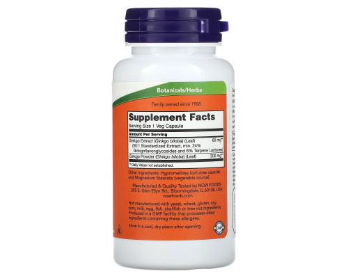 NOW Foods, Ginkgo Biloba, 60 mg, 60 Veg Capsules NOW Foods, Ginkgo Biloba, 60 mg, 60 Veg Capsules