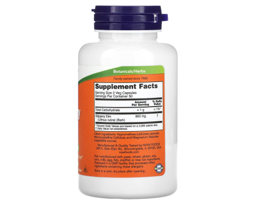 Now Foods Скользкий вяз 400 мг 100 капсул Now Foods Скользкий вяз 400 мг 100 капсул
