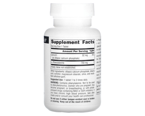 Source Naturals, Аминокислотная добавка DL-Фенилаланин (DLPA), 750 мг, 60 таблеток Source Naturals, Аминокислотная добавка DL-Фенилаланин (DLPA), 750 мг, 60 таблеток