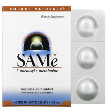 Source Naturals,  SAM-e (S-Adenosyl-L-Methionine), 200 мг, 60 кишечнорастворимых таблеток