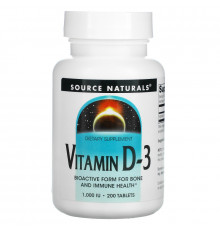 Source Naturals, Витамин D-3, 1000 МЕ, 200 таблеток