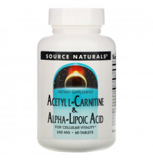Source Naturals, Ацетил-L-карнитин и альфа-липоевая кислота, 650 мг, 60 таблеток