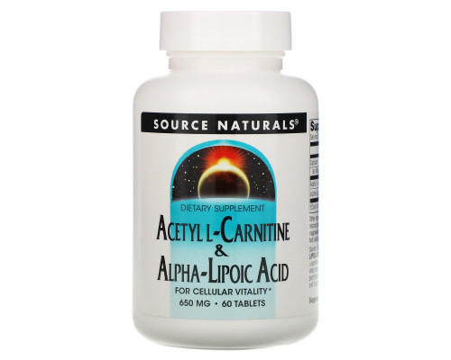 Source Naturals, Ацетил-L-карнитин и альфа-липоевая кислота, 650 мг, 60 таблеток Source Naturals, Ацетил-L-карнитин и альфа-липоевая кислота, 650 мг, 60 таблеток