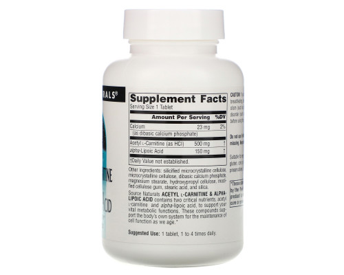 Source Naturals, Ацетил-L-карнитин и альфа-липоевая кислота, 650 мг, 60 таблеток Source Naturals, Ацетил-L-карнитин и альфа-липоевая кислота, 650 мг, 60 таблеток