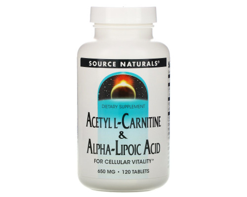 Source Naturals, Ацетил-L-карнитин и альфа-липоевая кислота, 650 мг, 120 таблеток Source Naturals, Ацетил-L-карнитин и альфа-липоевая кислота, 650 мг, 120 таблеток