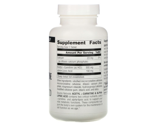 Source Naturals, Ацетил-L-карнитин и альфа-липоевая кислота, 650 мг, 120 таблеток Source Naturals, Ацетил-L-карнитин и альфа-липоевая кислота, 650 мг, 120 таблеток