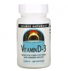 Source Naturals, Витамин D-3, 2000 международных единиц, 200 мягких капсул