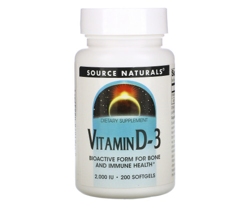 Source Naturals, Витамин D-3, 2000 международных единиц, 200 мягких капсул Source Naturals, Витамин D-3, 2000 международных единиц, 200 мягких капсул