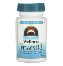 Витамин D Source Naturals, Wellness, витамин D3, 50 мкг (2000 МЕ), 200 мягких таблеток