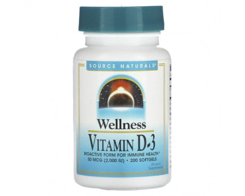 Витамин D Source Naturals, Wellness, витамин D3, 50 мкг (2000 МЕ), 200 мягких таблеток Витамин D Source Naturals, Wellness, витамин D3, 50 мкг (2000 МЕ), 200 мягких таблеток
