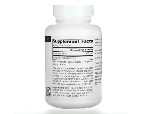 Антиоксиданты Source Naturals, Альфа-липоевая кислота, 600 мг, 60 капсул Антиоксиданты Source Naturals, Альфа-липоевая кислота, 600 мг, 60 капсул