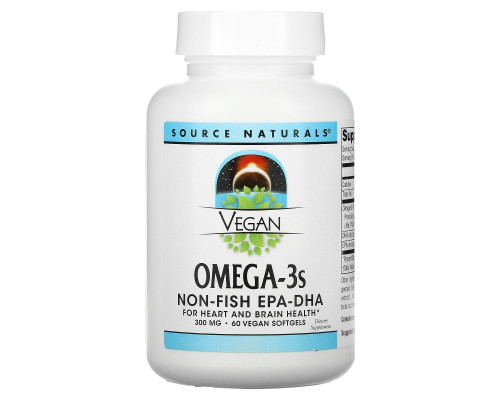 Source Naturals, Веганская Омега 3S, ЭПК-ДГК, 300 мг, 60 веганских мягких таблеток Source Naturals, Веганская Омега 3S, ЭПК-ДГК, 300 мг, 60 веганских мягких таблеток