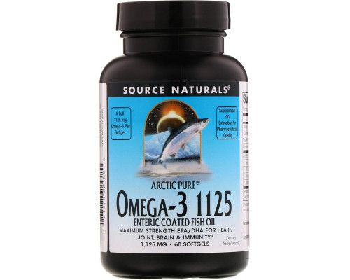 Source Naturals, Арктический чистый рыбий жир с Омега-3 1125, покрытый кишечнорастворимой оболочкой, 1,125 мг, 60 гелевых капсул Source Naturals, Арктический чистый рыбий жир с Омега-3 1125, покрытый кишечнорастворимой оболочкой, 1,125 мг, 60 гелевых капсул