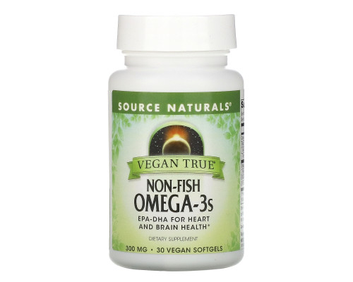 Source Naturals, Истинно Веган, Омега-3s, не рыбного происхождения 300 мг, 30 веганских капсул Source Naturals, Истинно Веган, Омега-3s, не рыбного происхождения 300 мг, 30 веганских капсул